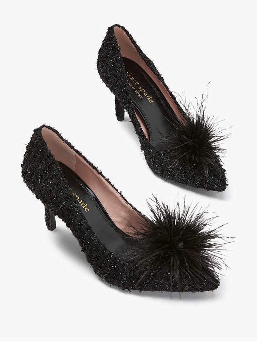 Kate Spade New York Marabou Black Tweed Feather Pom Pom Pumps Heels Size 9